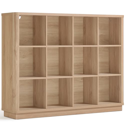 8 Cube Storage Book Shelf, 52" Long Horizontal Bookshelf with Curved Edge, Floor Standing Wooden Cubby Bookcase with Base, Modern Low Console Book Case, TV Stand for Living Room, Natural Oak