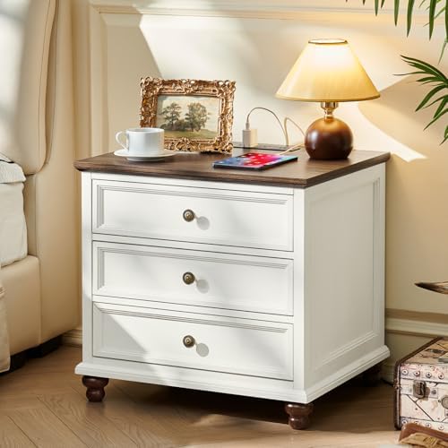 Farmhouse nightstand with 3 drawers, white finish and brown tabletop