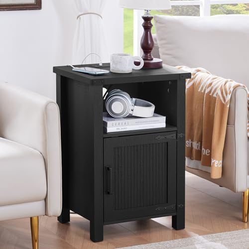 Black nightstand with charging station, open shelf, cabinet door