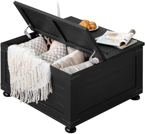 Farmhouse lift-top coffee table, black with hidden storage and hinged open top