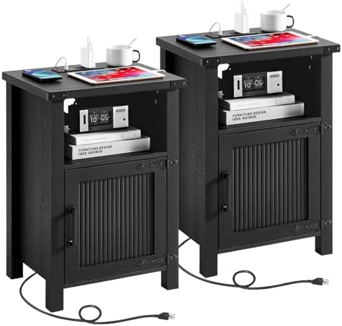 Black nightstands with charging station, open shelf, cabinet doors and cords