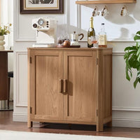 Light wood sideboard buffet cabinet with three doors and long bar handles