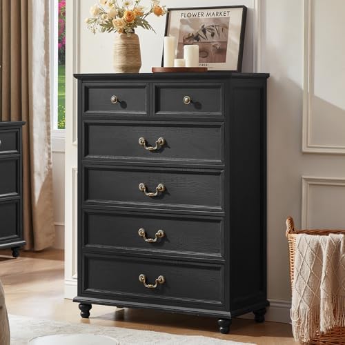 Black farmhouse nightstand cabinet with 4 drawers and brass drawer handles