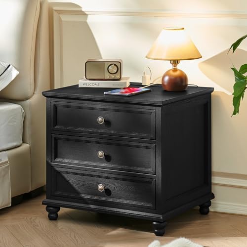 Farmhouse nightstand with 3 drawers, black finish and charging station panel