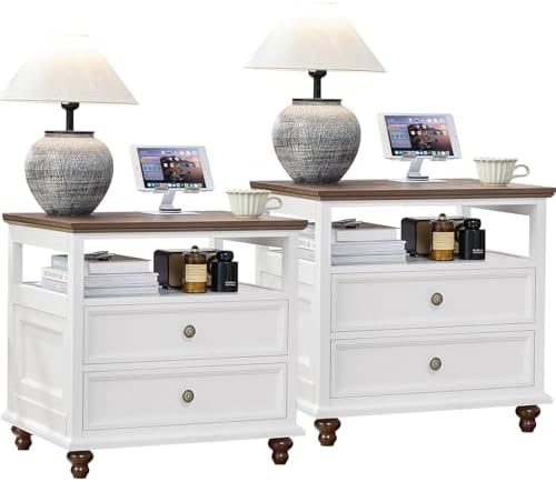 White farmhouse nightstand cabinet pair with 3 drawers and round brass knobs