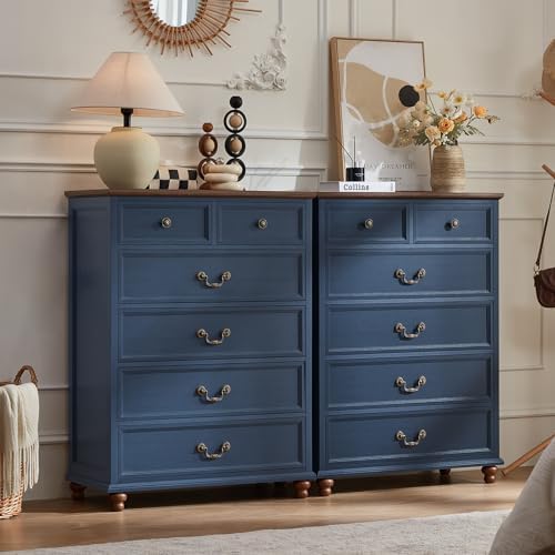 Blue farmhouse nightstand set of 2 with multiple drawers and curved metal handle knobs