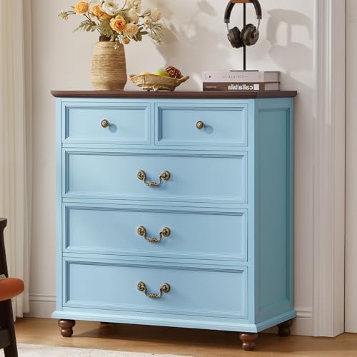 Light blue farmhouse nightstand cabinet with 3 drawers and brass drawer pulls