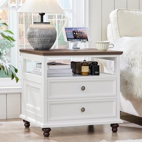 Farmhouse nightstand with 2 drawers and open shelf, light top surface, white finish