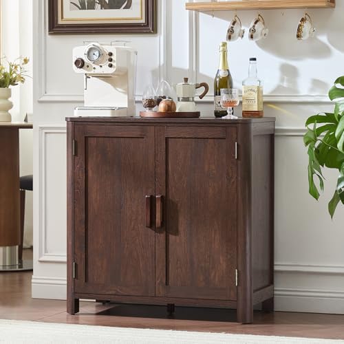 Dark wood sideboard buffet cabinet with three door fronts and vertical bar pull handles