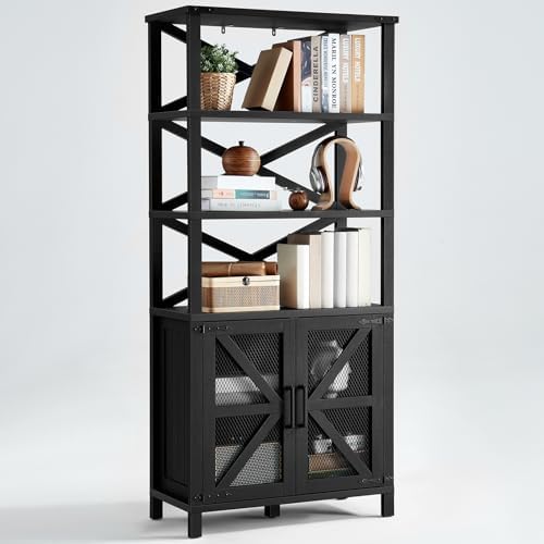 Black 5-tier bookcase with open shelves and two mesh barn doors with X accents