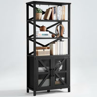 Black 5-tier bookcase with open shelves and two mesh barn doors with X accents