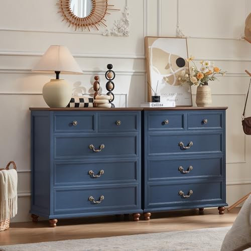 Blue farmhouse nightstand cabinet pair with 6 drawers and metal drawer pulls