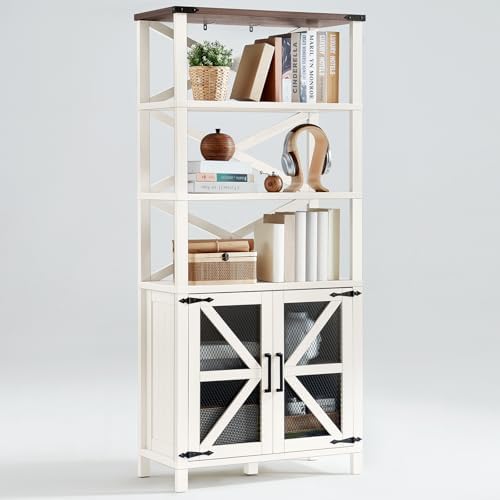 White 5-tier bookcase with open shelves and X-style barn doors on lower cabinet