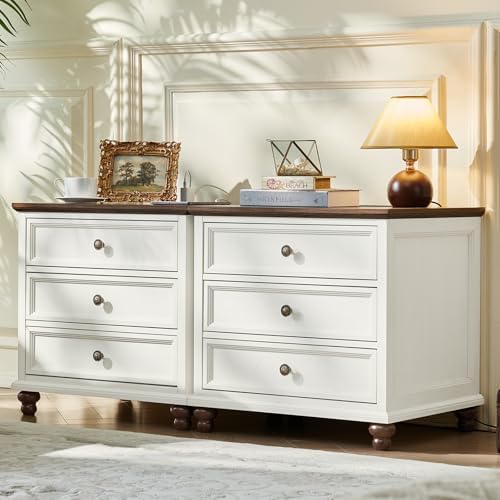 White farmhouse nightstand cabinet with multiple drawers and rounded metal knob pulls