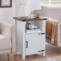 Navy nightstand with charging station and open storage shelf, cabinet doors