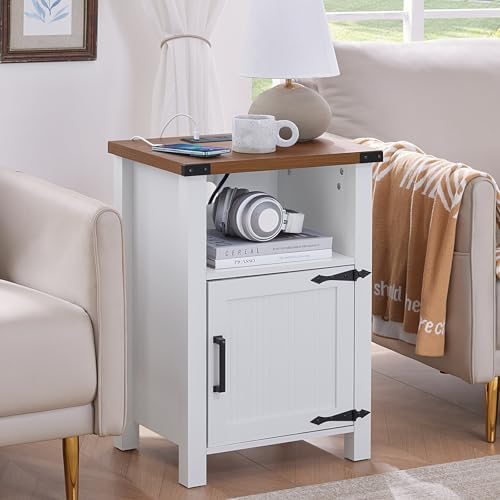 Navy nightstand with charging station and open storage shelf, cabinet doors