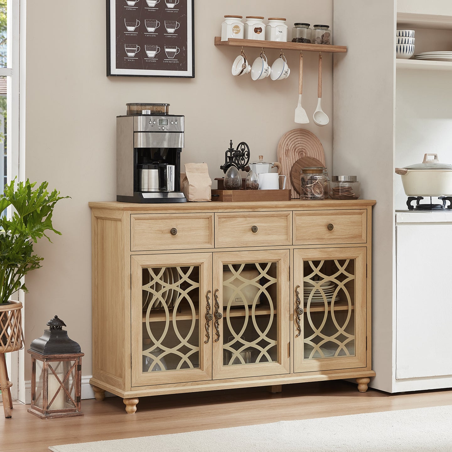 Natural wood sideboard buffet cabinet with drawers and arched lattice glass doors