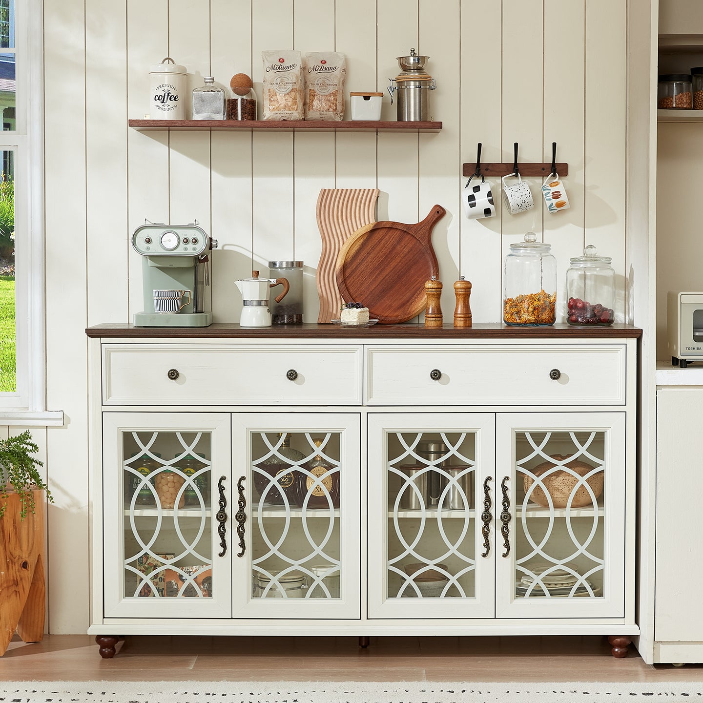 White farmhouse sideboard buffet cabinet with drawers and four glass door panels