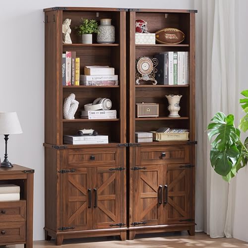 Brown wood bookcase with open shelves and barn-style doors with decorative X panels