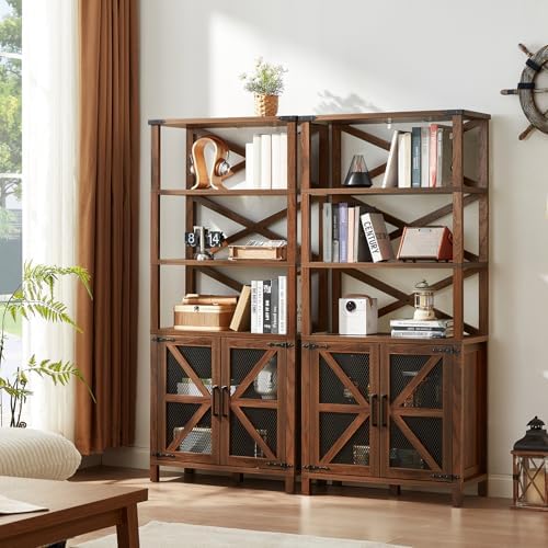 Dark brown wood bookcase with open shelves and X-panel barn doors for storage