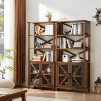 Dark brown wood bookcase with open shelves and X-panel barn doors for storage