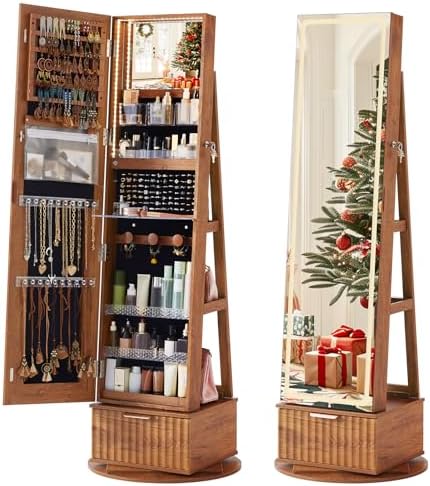 Rattan 360° Swivel Jewelry Armoire Cabinet Standing with Full Length Mirror, Lockable Jewelry Organizers and Drawer Storage with 3 Color LED Lights &amp; Interior Mirror Rear Storage Shelves