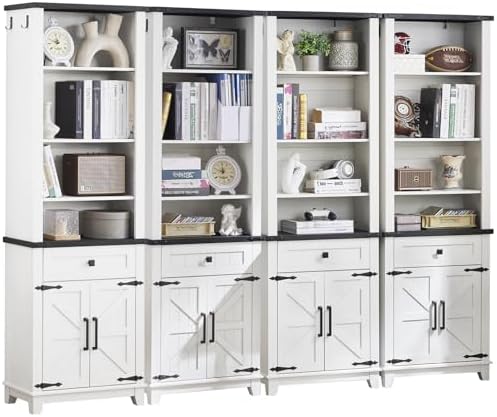White bookcase with open shelves and drawers beneath, barn doors with metal pulls