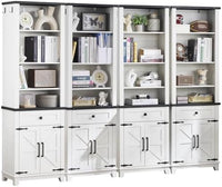 White bookcase with open shelves and drawers beneath, barn doors with metal pulls