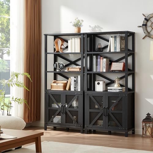 5-tier bookcase with black shelves and open barn-style doors over storage cabinet