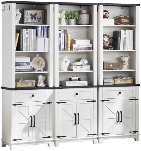 White bookcase with three open sections, drawers, and barn-door cabinet doors