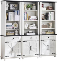 White bookcase with three open sections, drawers, and barn-door cabinet doors