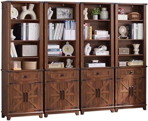 5-tier bookcase with warm brown wood shelves and paneled barn-style cabinet doors