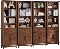 5-tier bookcase with warm brown wood shelves and paneled barn-style cabinet doors