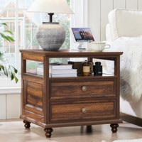 Brown wood nightstand with open shelf and two drawers, round knob pulls
