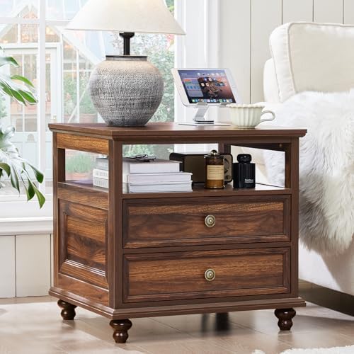 Brown wood nightstand with open shelf and two drawers, round knob pulls