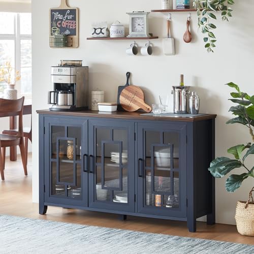 Navy kitchen sideboard cabinet with four glass doors and long flat countertop