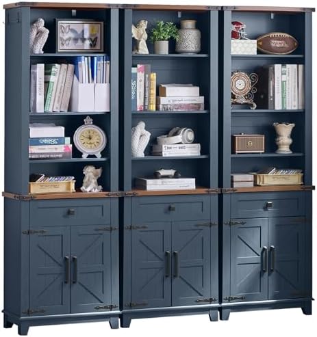 5-tier bookcase with dark navy shelves and open barn-style doors over cabinet storage