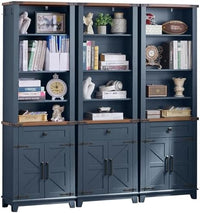5-tier bookcase with dark navy shelves and open barn-style doors over cabinet storage