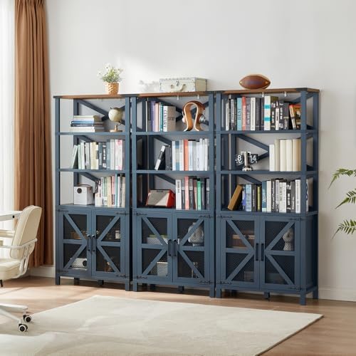 Blue farmhouse 5-tier bookcase set with open shelves and four barn-door cabinet doors