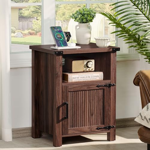 Night Stand with Charging Station and USB Port, 18 Inch Farmhouse Nightstand with Storage Shelf, Rustic Couch End Table with Magnetic Door, Wood Bed Side Tables for Bedroom, Home, Nayv Blue