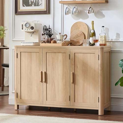 Light wood sideboard cabinet with three door fronts and vertical metal bar handles