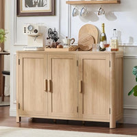 Light wood sideboard cabinet with three door fronts and vertical metal bar handles
