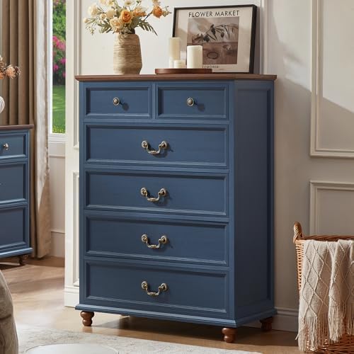 Blue farmhouse nightstand set, three-drawer chest with brass-tone knobs and wooden feet