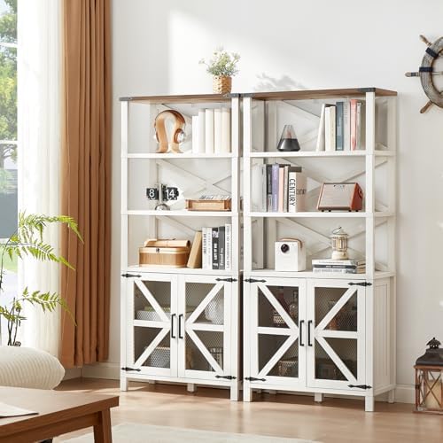 White farm-style bookcase with open shelves, X-frame barn doors, and lower storage