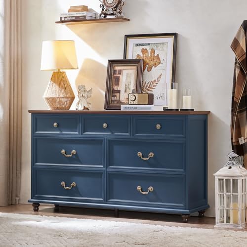 Blue farmhouse sideboard-style cabinet with 6 drawers and decorative metal pulls