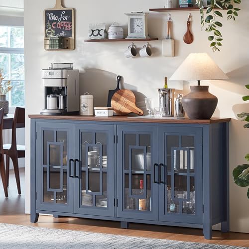 Blue sideboard cabinet with 4 glass doors and black metal bar handles