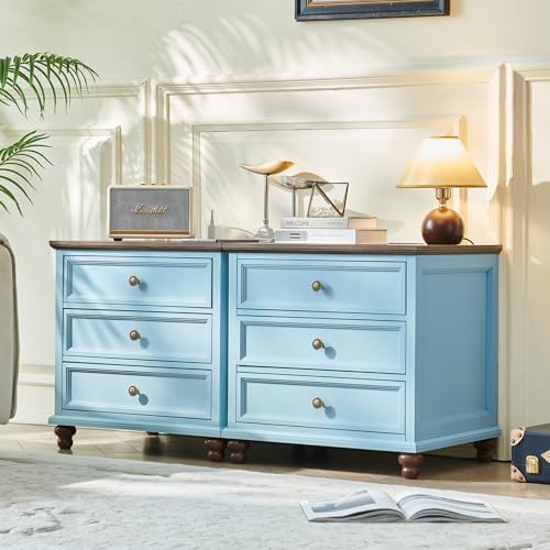 Light blue farmhouse double nightstand cabinet with 6 drawers and brass knobs
