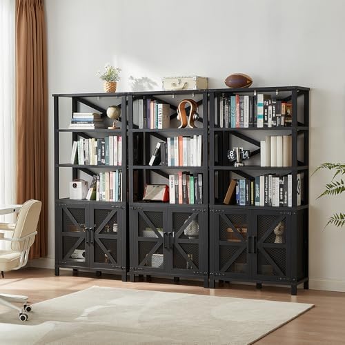 5-tier bookcase with dark gray frame, open shelves, and barn-style cabinet doors