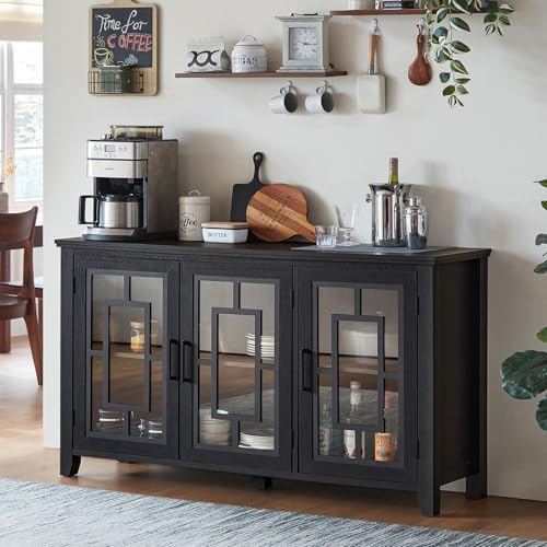 Dark gray sideboard cabinet with 4 glass doors and black metal hardware