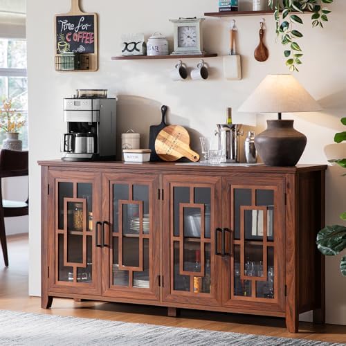 Wood sideboard cabinet with 4 glass doors and dark metal bar handles